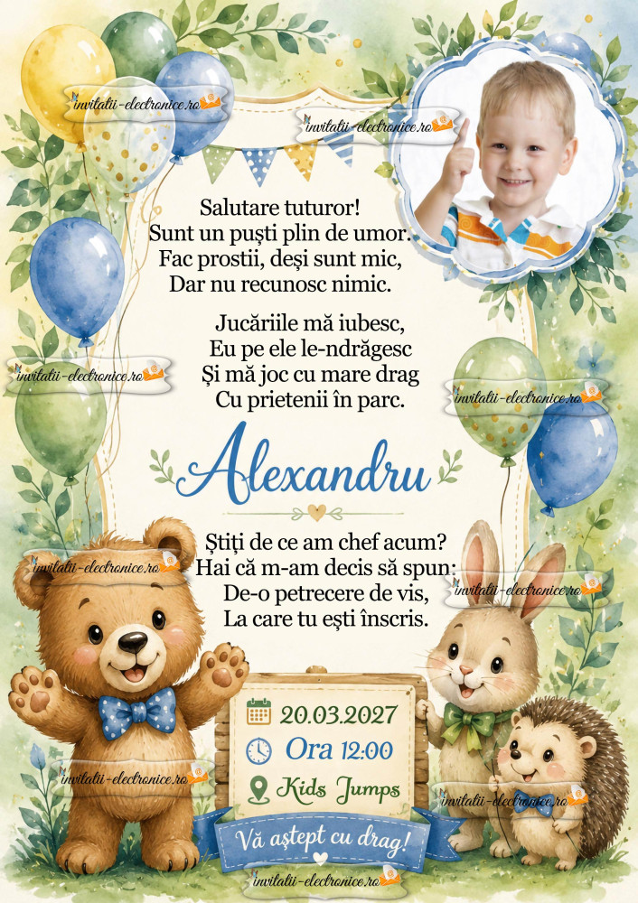 Invitatie la petrecere cu ursulet si baloane