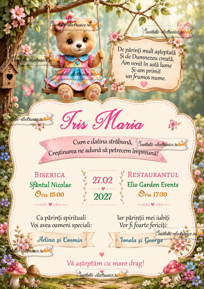 Invitatie de botez cu ursulet fetita