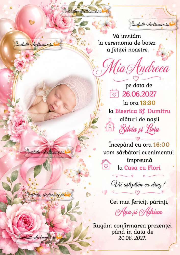 Invitatie cu baloane si flori