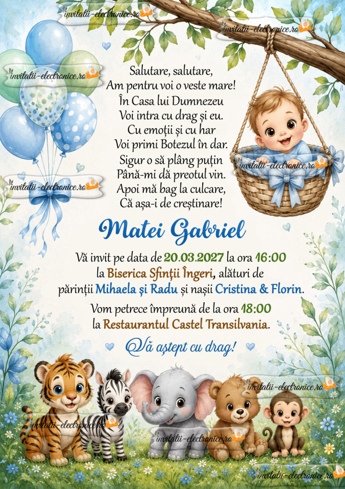 Invitatie la botez cu animale din jungla