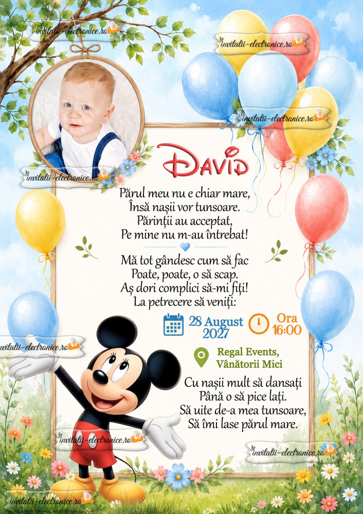 Invitatie la aniversare cu baloane si Mickey