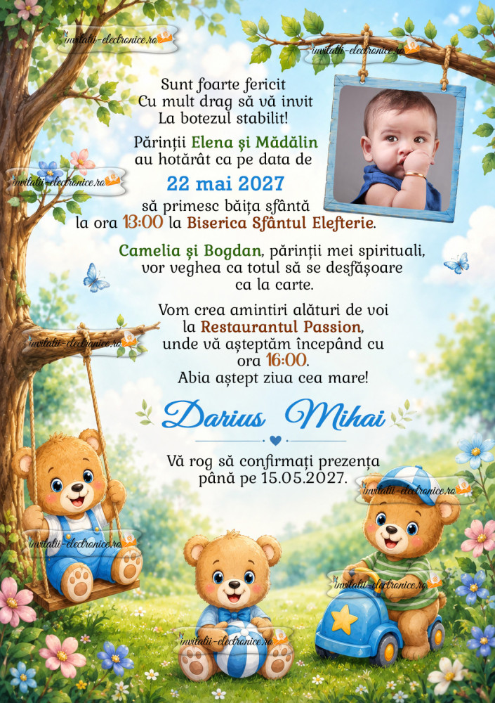 Invitatie digitala la botez cu ursuleti