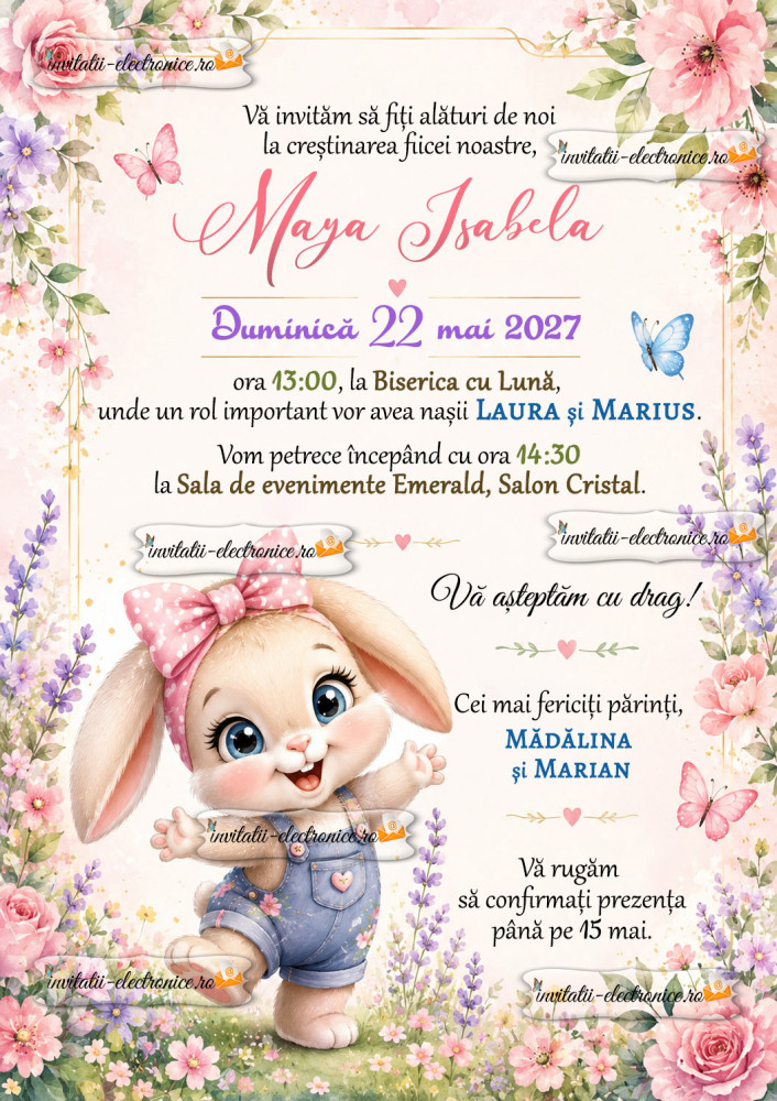 Invitatie cu iepuras si fluturasi
