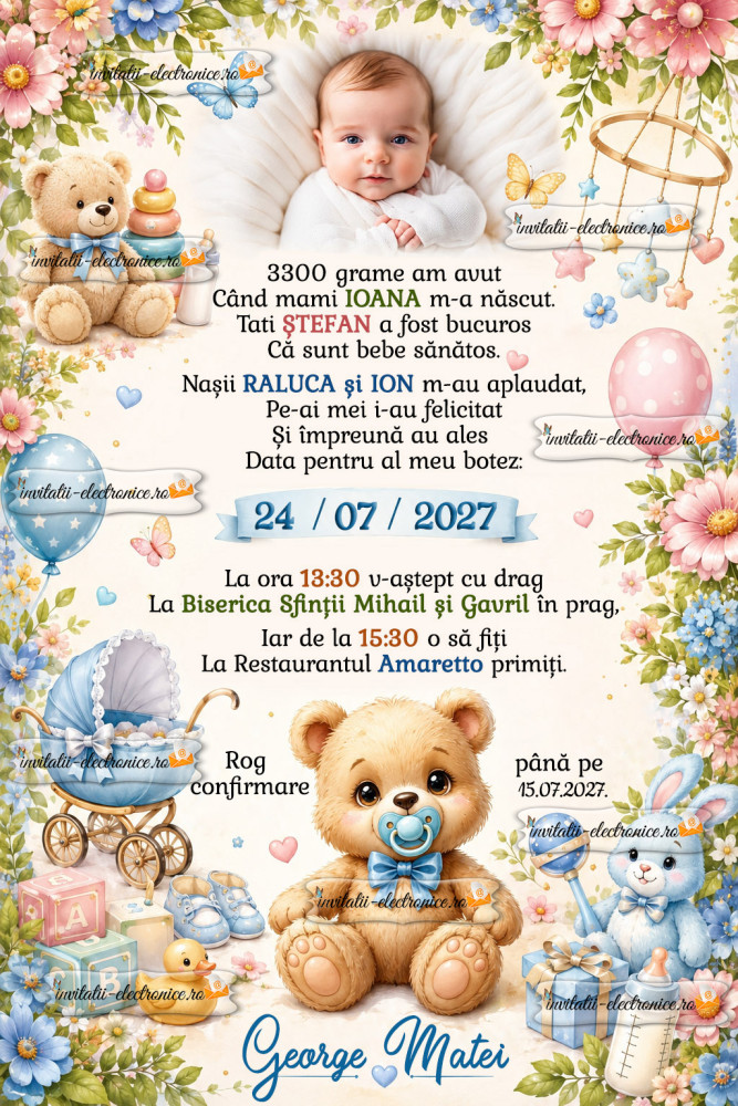 Invitatie la botez cu ursulet bebe