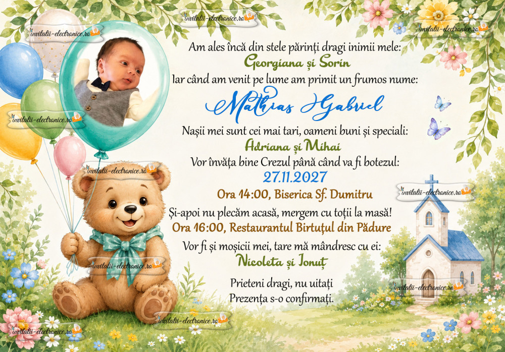 Invitatie de botez cu ursulet si baloane