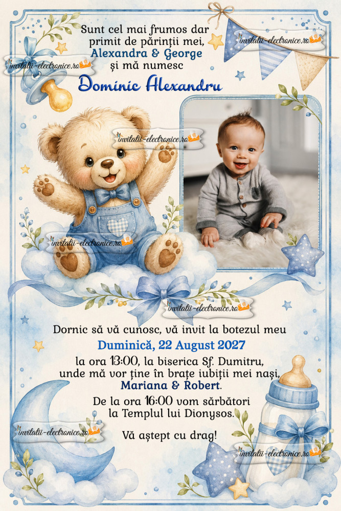 Invitatie botez cu ursulet
