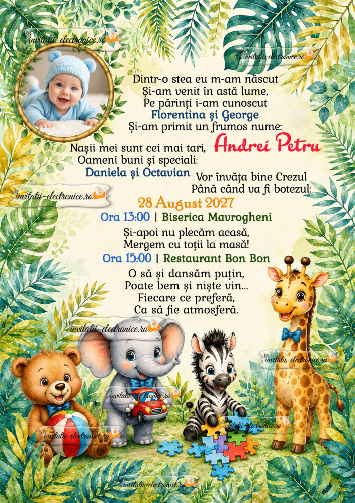 Invitatie de botez cu animale
