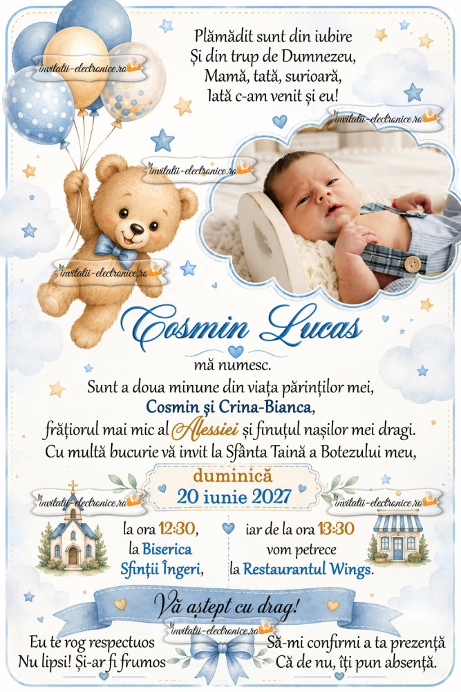 Invitatie cu ursulet si baloane