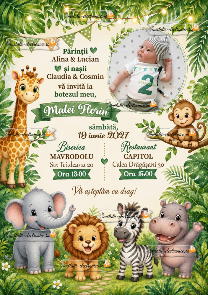 Invitatie la botez cu animale din jungla