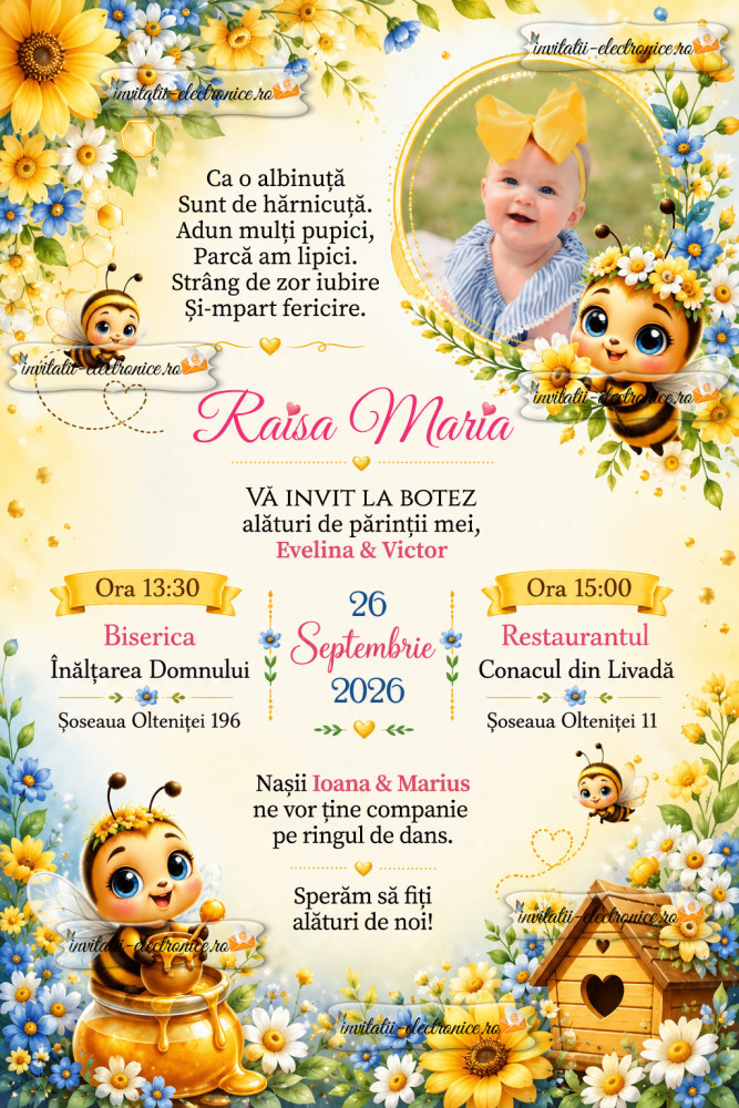 Invitatie de botez cu albinute