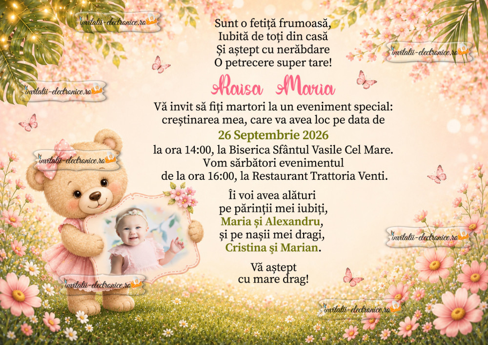 Invitatie botez fetita cu ursulet
