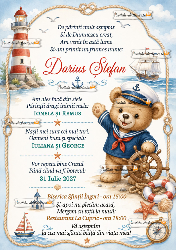 Invitatie la botez cu ursulet marinar