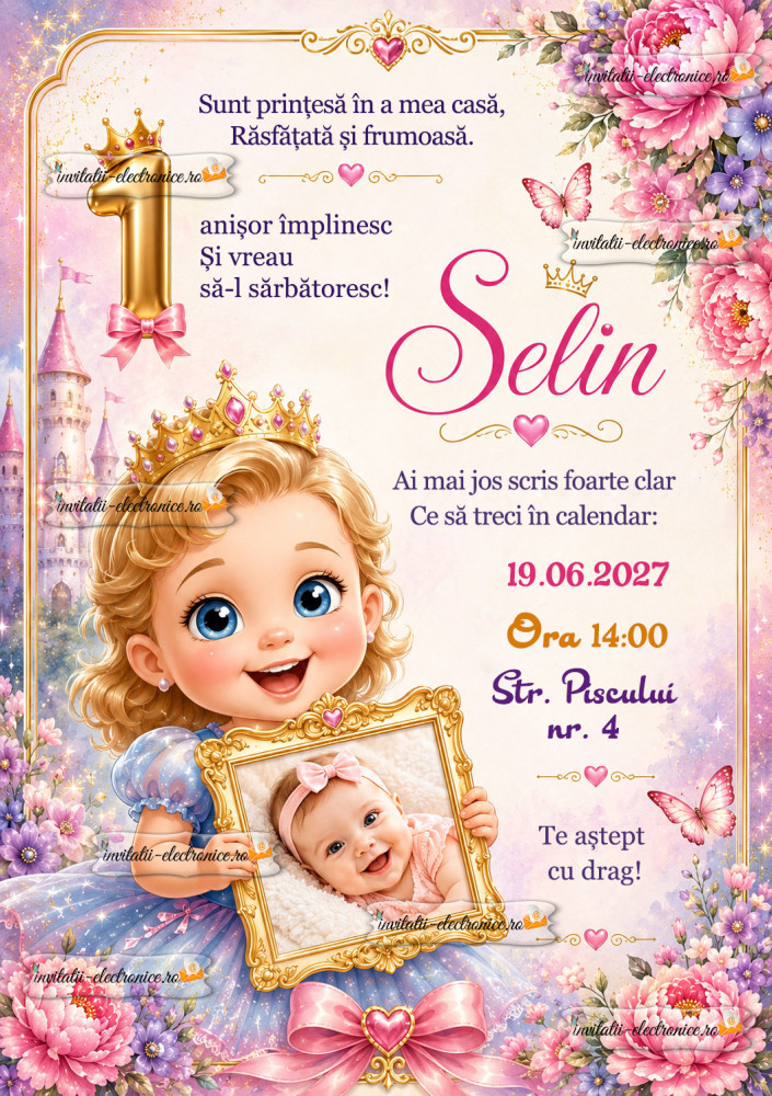 Invitatie cu printesa si flori
