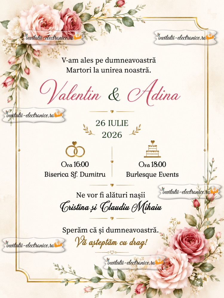 Invitatie de nunta cu trandafiri