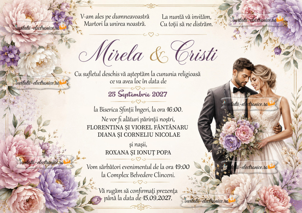 Invitatie de nunta cu bujori