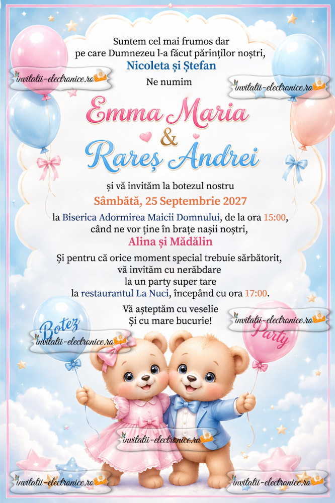 Invitatie la botez de gemeni fata si baiat