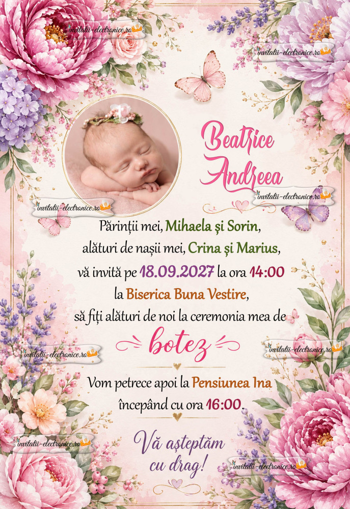 Invitatie de botez cu flori
