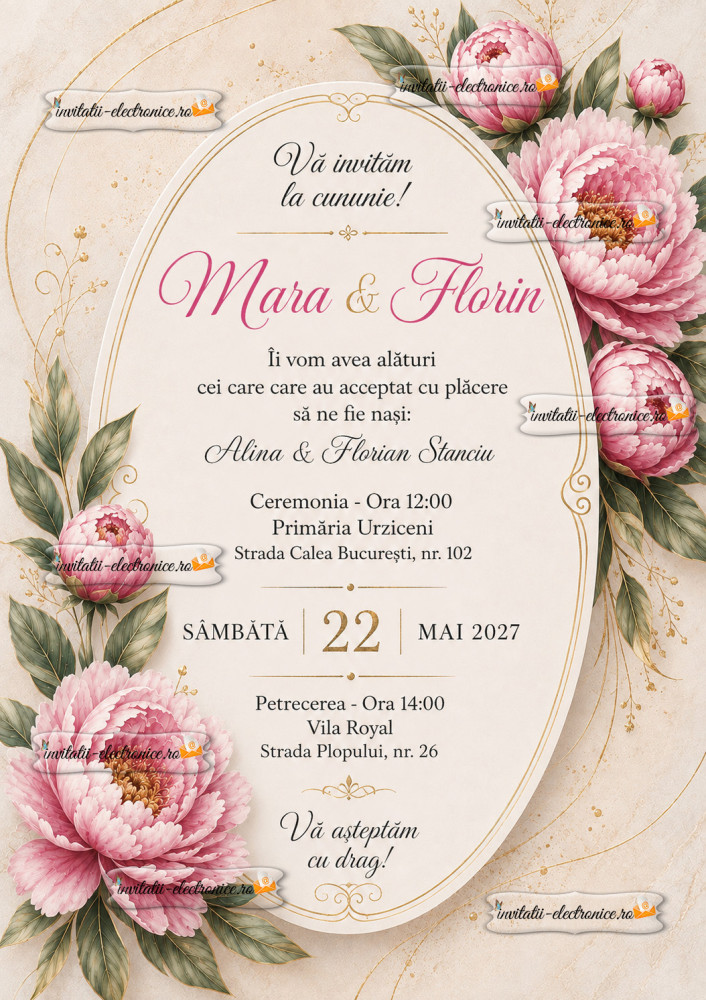Invitatie la nunta cu bujori
