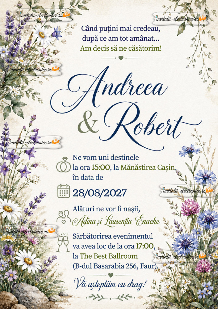 Invitatie la nunta cu flori de camp