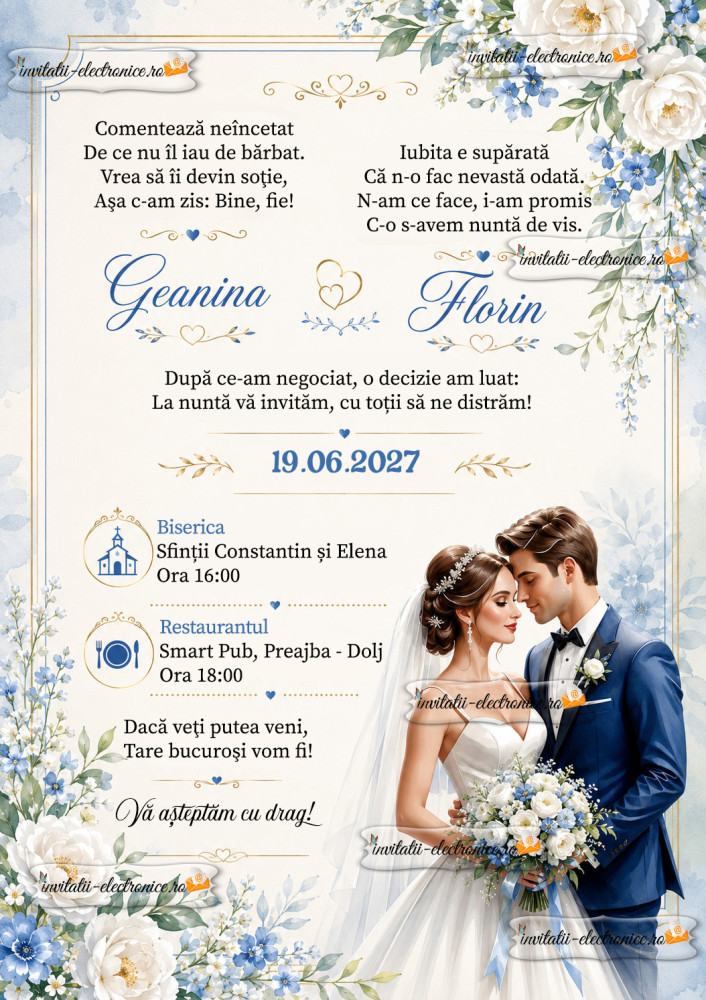 Invitatie de nunta cu flori albe