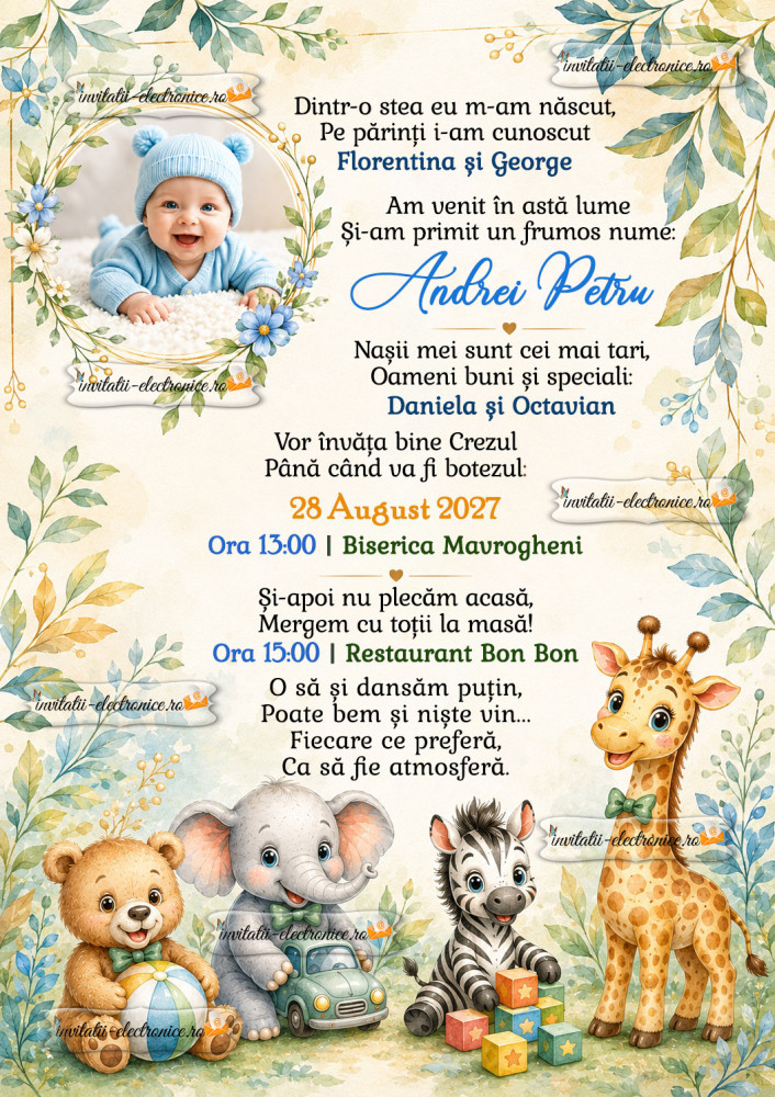 Invitatie de botez cu animale