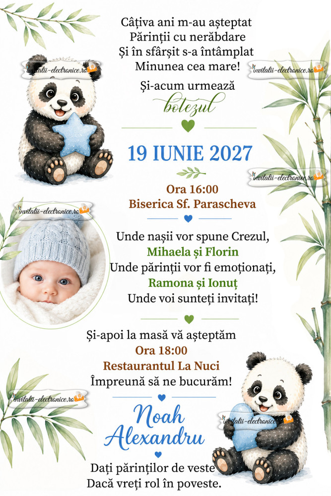 Invitatie de botez cu urs panda