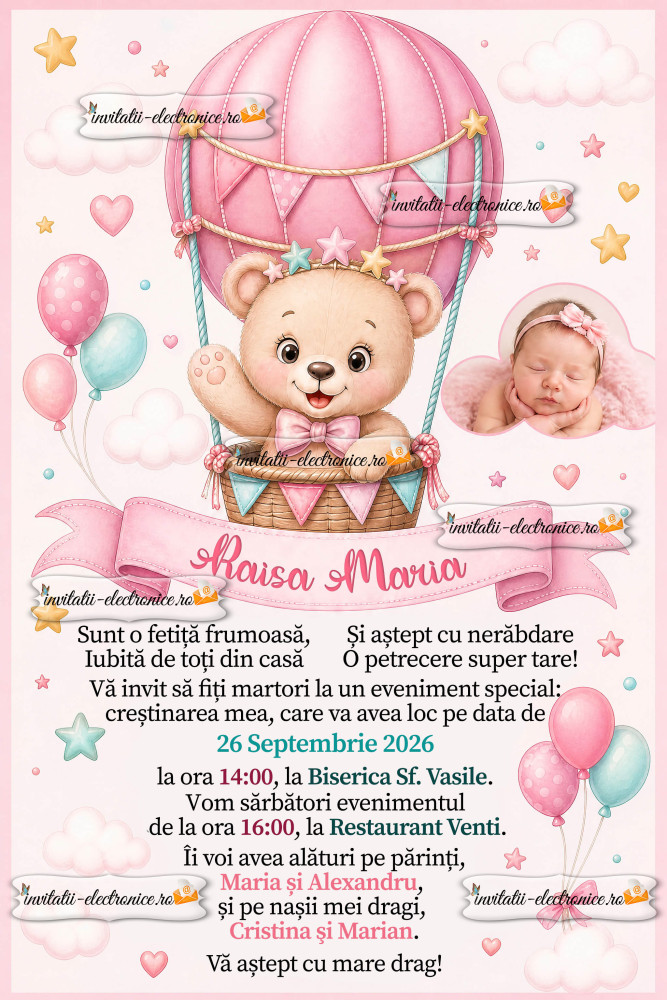 Invitatie botez fetita cu ursulet