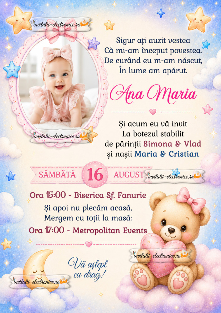Invitatie de botez cu ursulet