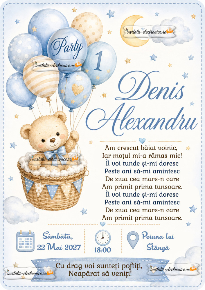 Invitatie la petrecere cu ursulet si baloane