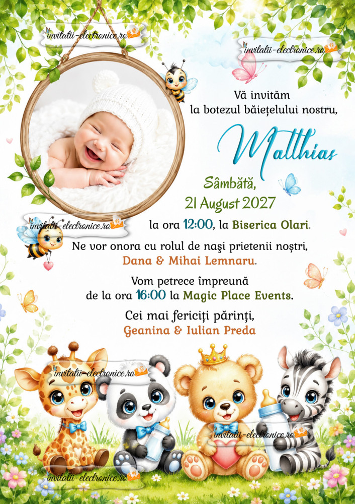 Invitatie de botez cu animale din jungla