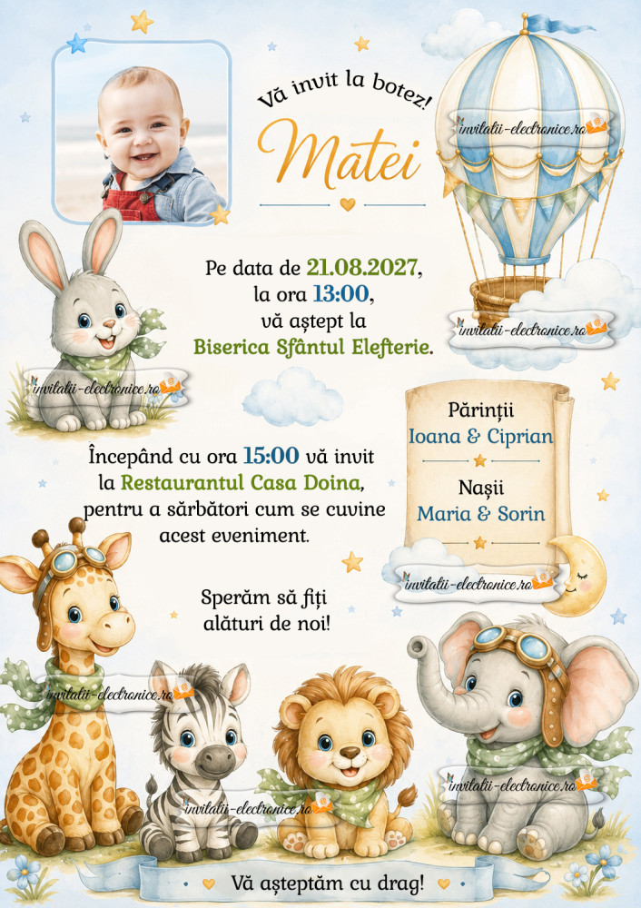 Invitatii de botez cu animale vesele