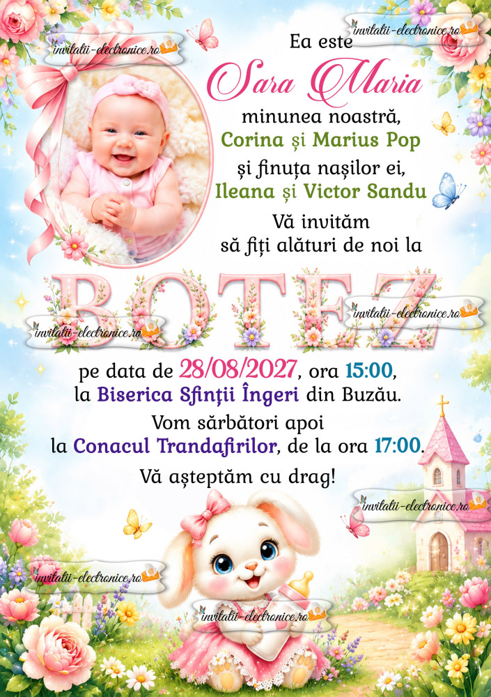 Invitatie de botez cu iepuras simpatic