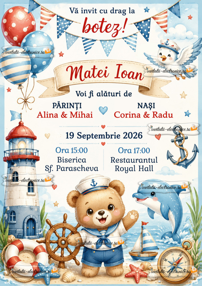 Invitatie de botez cu ursulet marinar