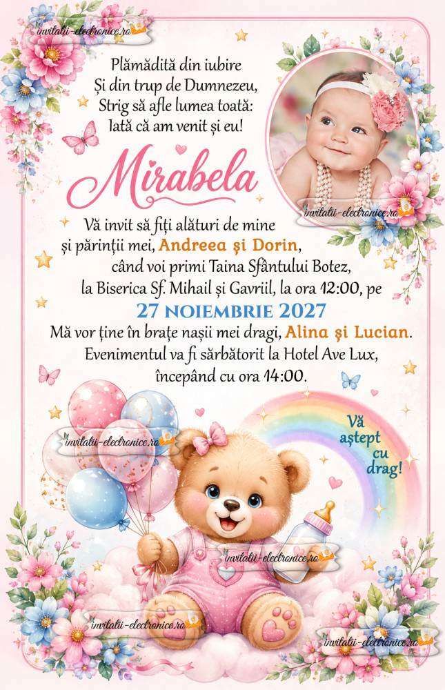 Invitatie de botez cu ursulet
