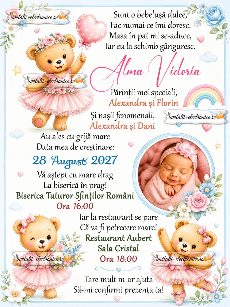 Invitatie la botez fetita cu ursuleti