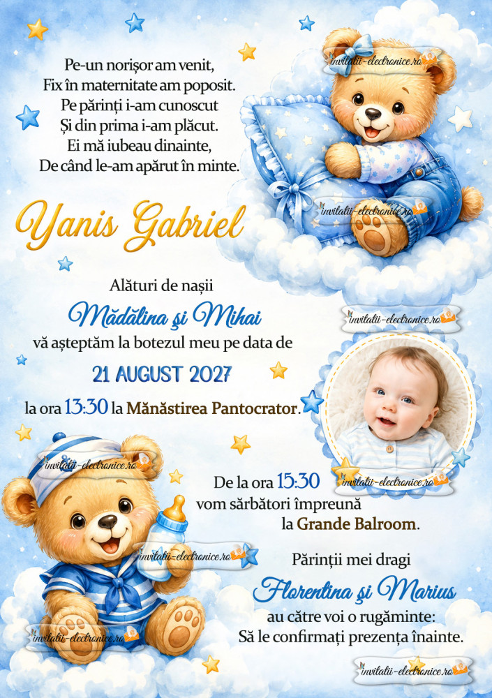 Invitatie de botez digitala cu ursuleti