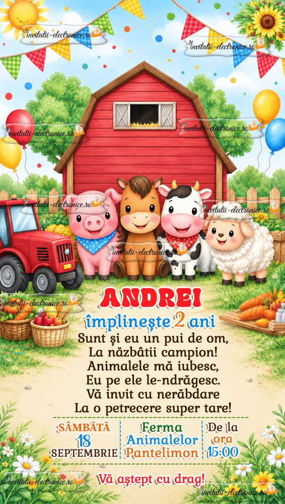 Invitatie digitala cu animale din ferma