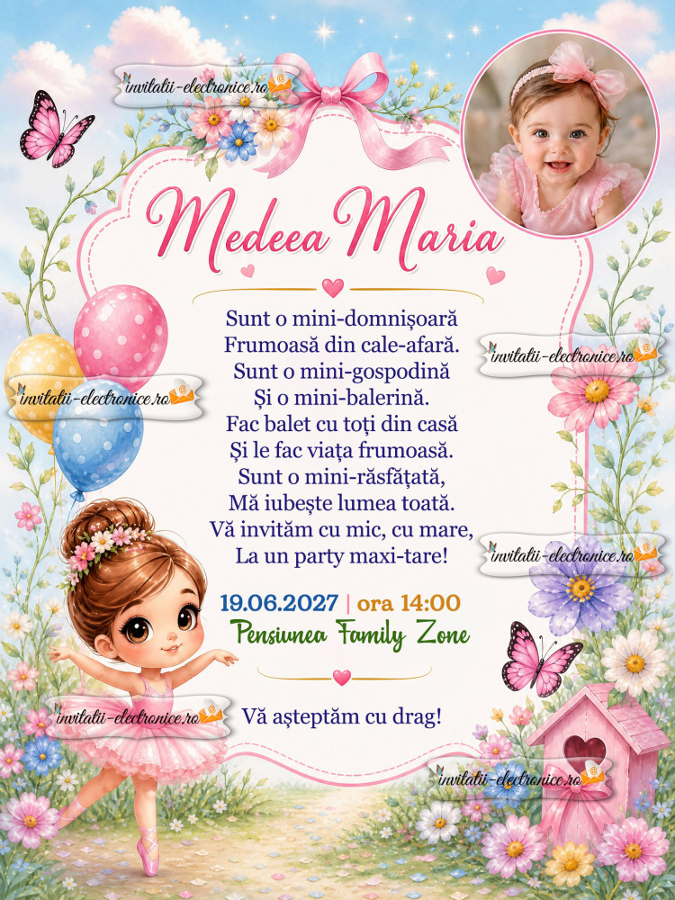 Invitatie cu balerina si flori