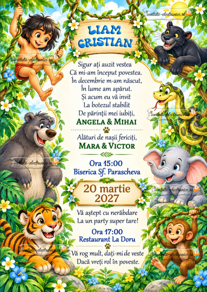 Invitatie de botez - tema Cartea Junglei