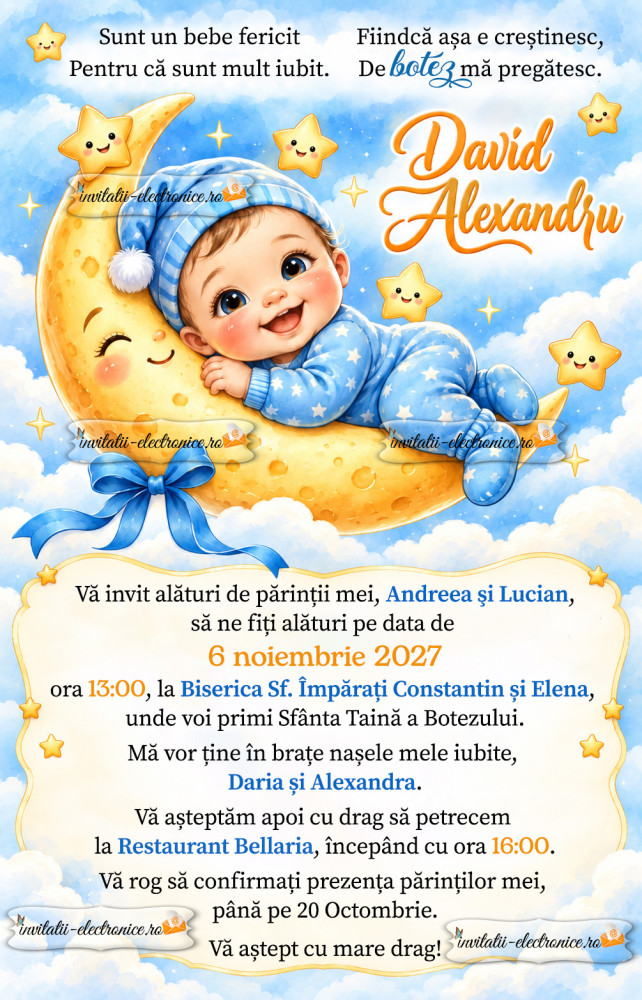 Invitatie la botez cu luna si stele