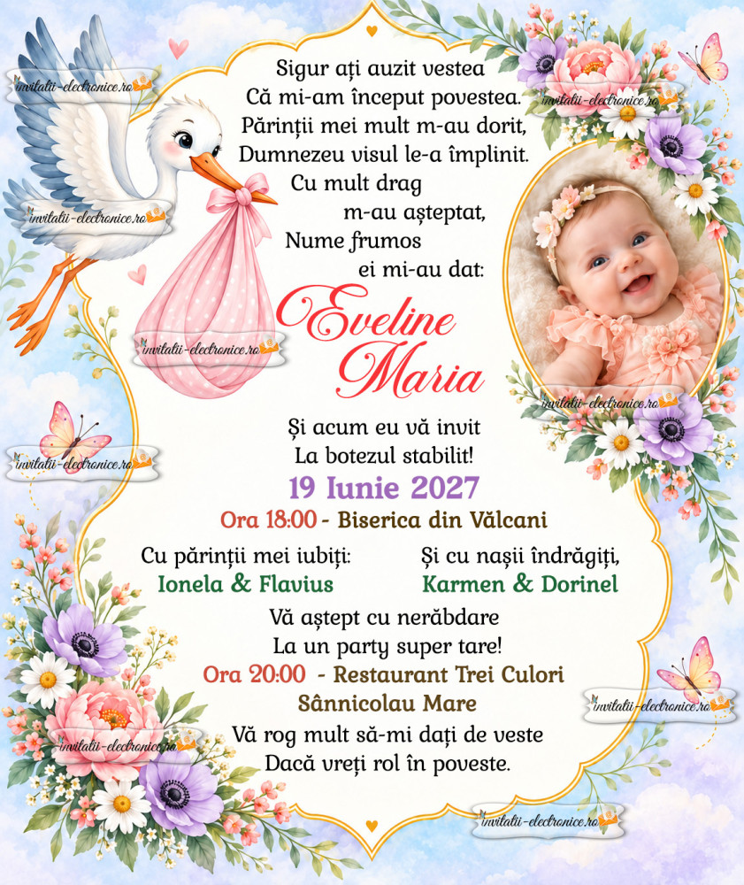 Invitatie de botez cu flori
