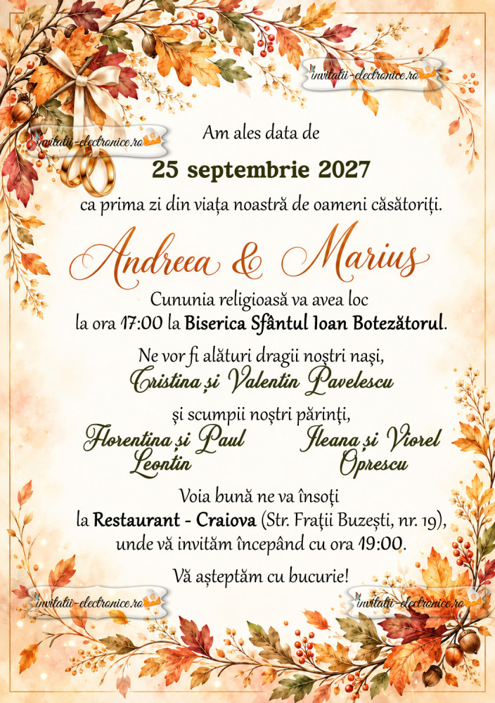 Invitatie de nunta cu frunze de toamna