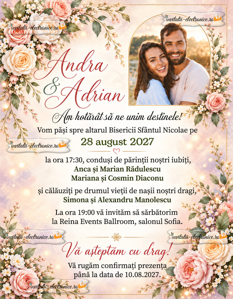Invitatie de nunta cu trandafiri