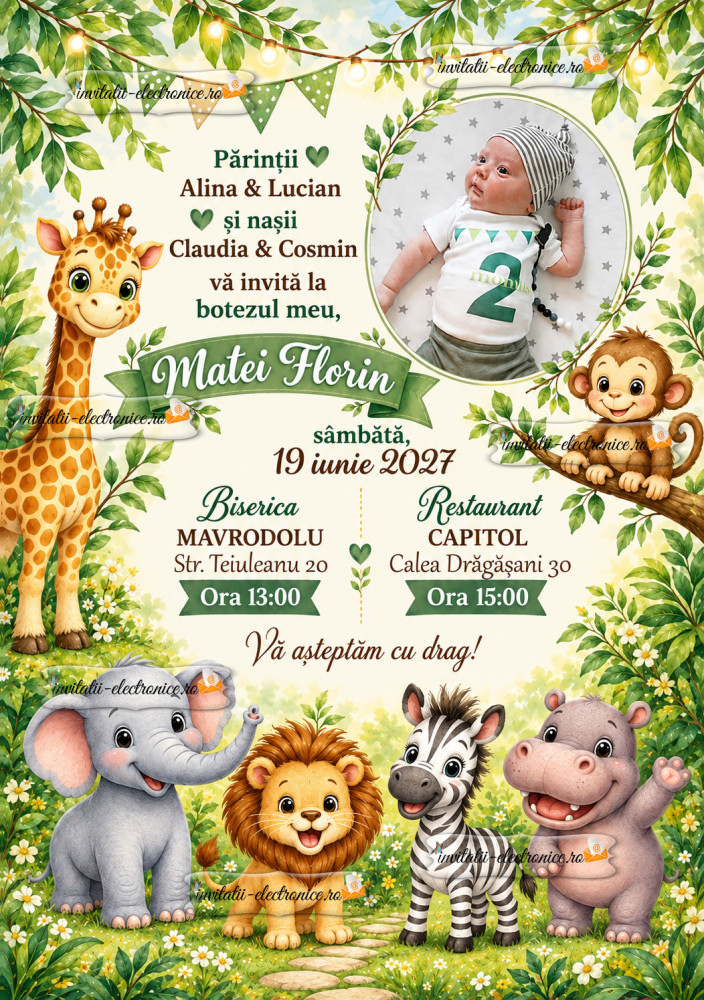Invitatie la botez cu animale din jungla