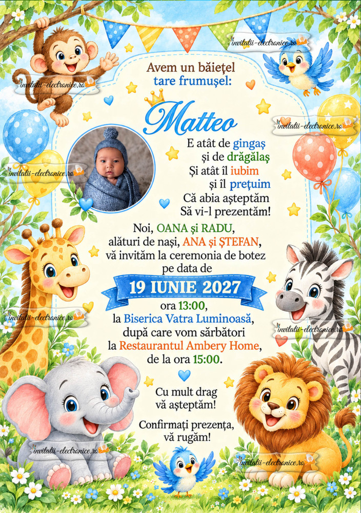 Invitatie de botez cu animale din jungla