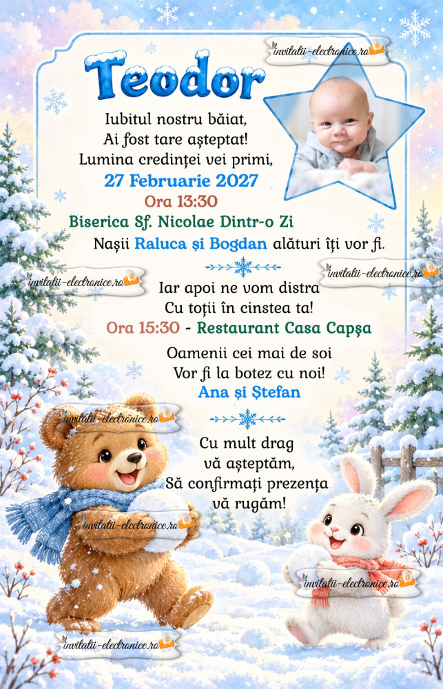 Invitatie de botez cu ursulet iarna