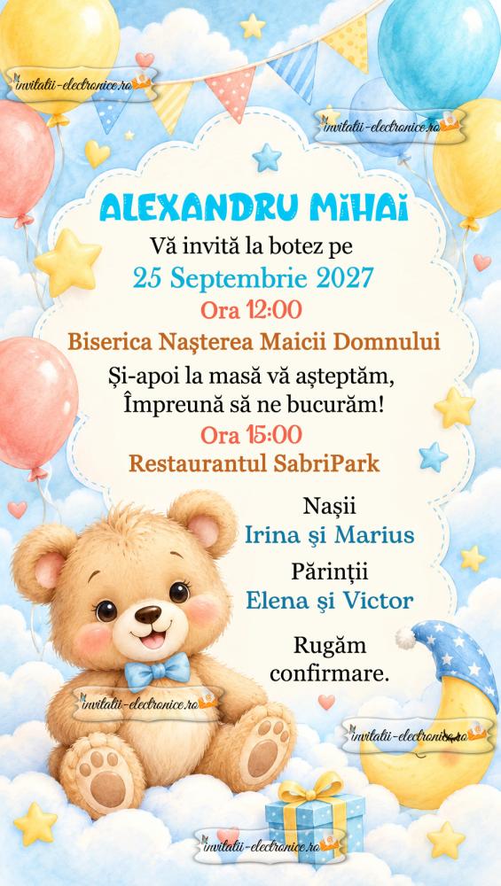 Invitatie de botez cu ursulet si baloane
