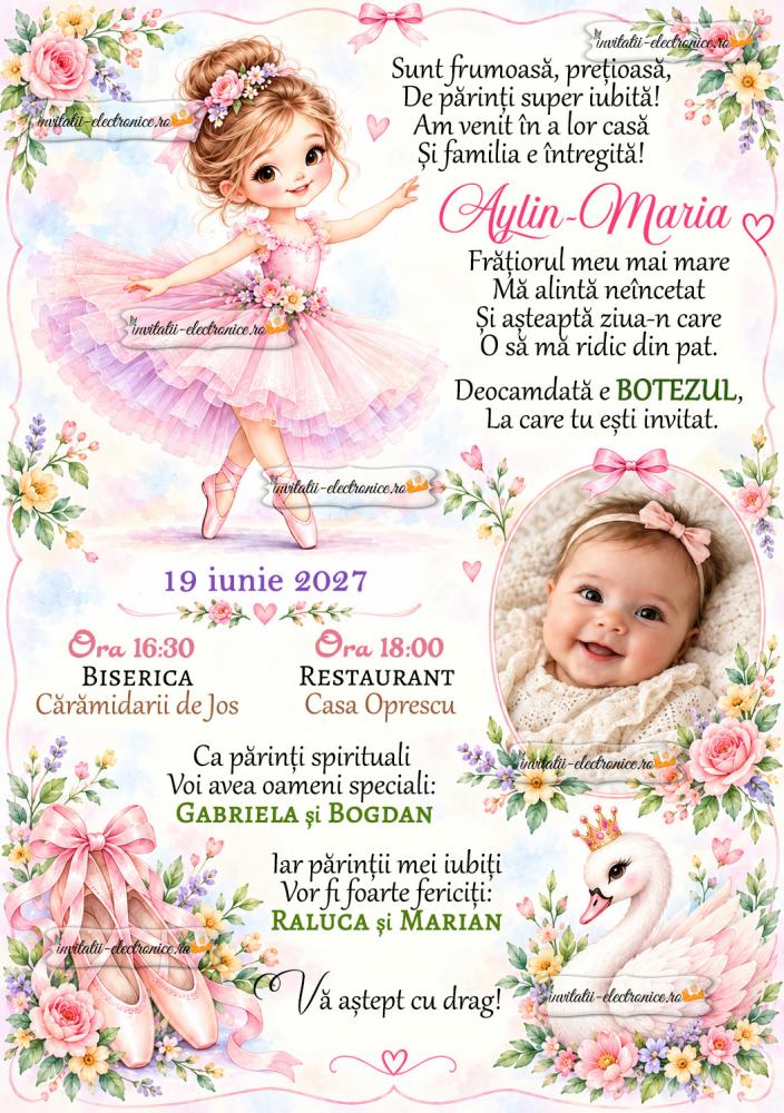 Invitatie la botez cu balerina si flori
