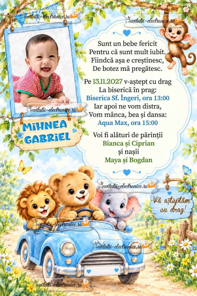 Invitatie digitala cu animale in masina