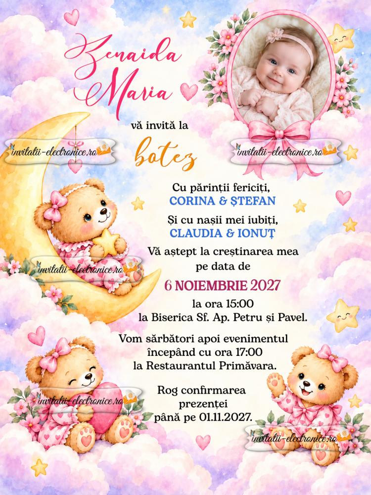 Invitatii de botez fetita cu ursuleti